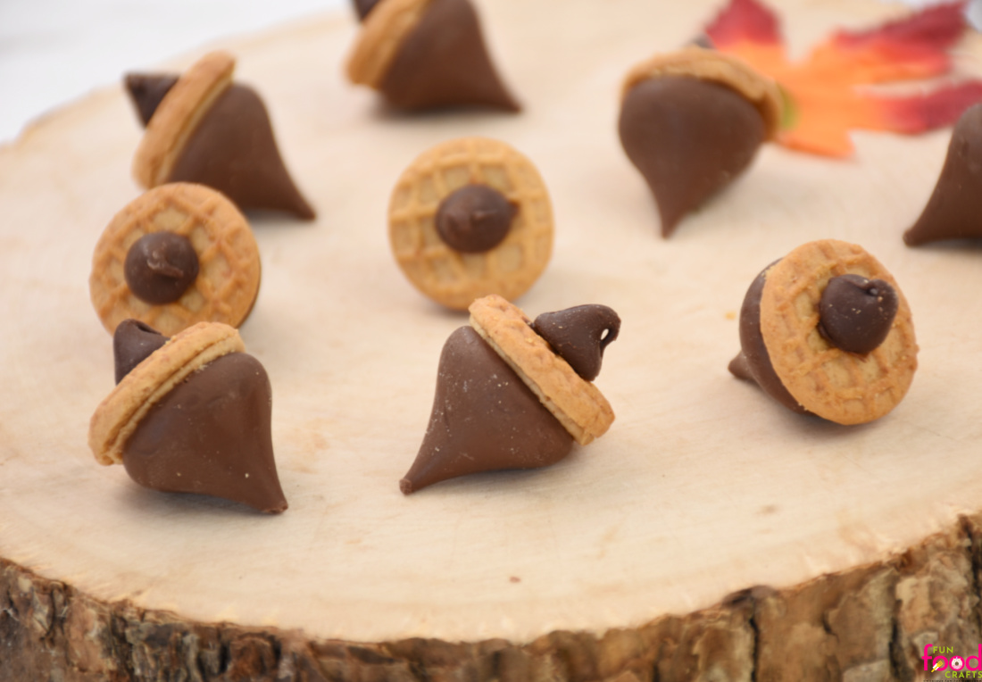 no-bake acorn cookies on a live wood tray