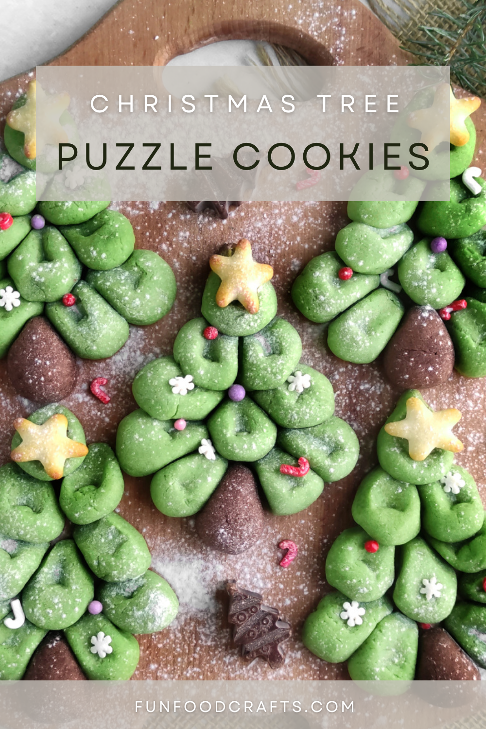 Close up of finished Christmas Tree Cookie cookie art food craft on a brown cutting board