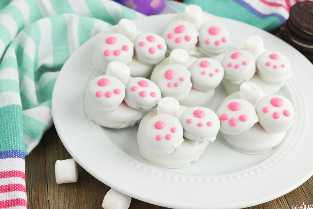 finished bunny butt Oreos for easter on a white plate