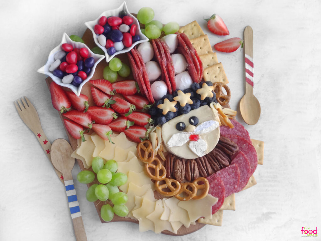 Finished Uncle Sam Charcuterie Board on a white background