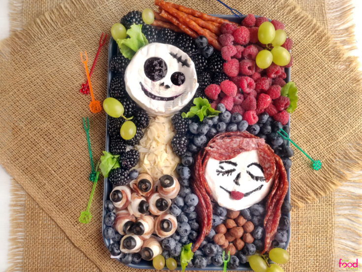 Finished Nightmare Before Christmas Halloween Charcuterie Board with Jack and Sally