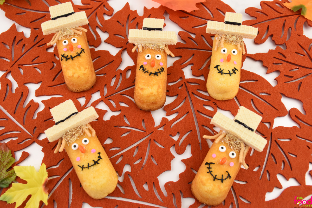 Overhead picture of finished Scarecrow Twinkies on a burnt orange mat