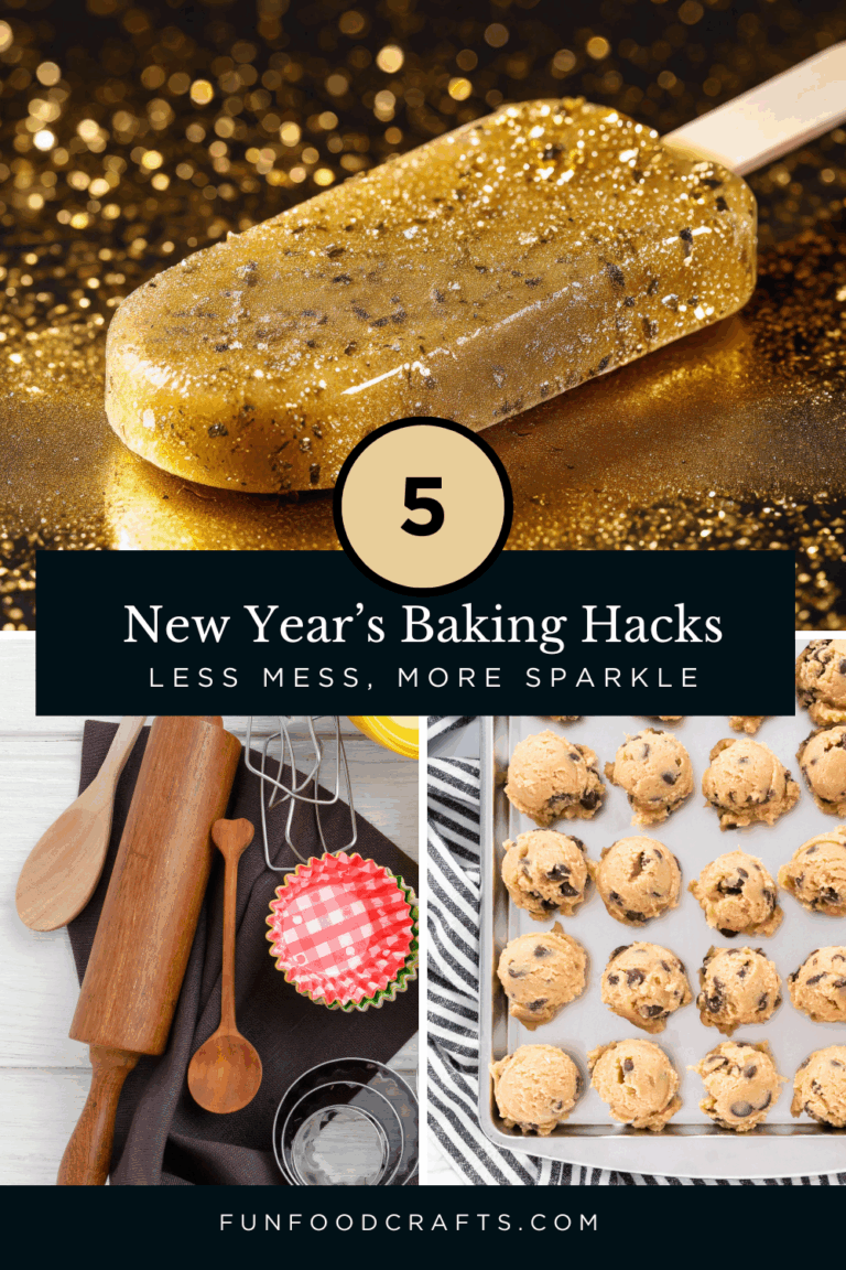 A gold glitter popsicle, baking tools, and cookie dough scoops arranged in a festive collage with the text “5 New Year’s Baking Hacks – Less Mess, More Sparkle.” A fun and colorful design from Fun Food Crafts featuring easy kitchen tips for New Year’s baking.