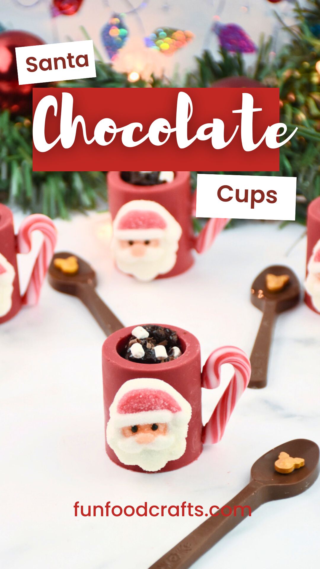 Close up of a finished Santa Chocolate Cup with chocolate spoon
